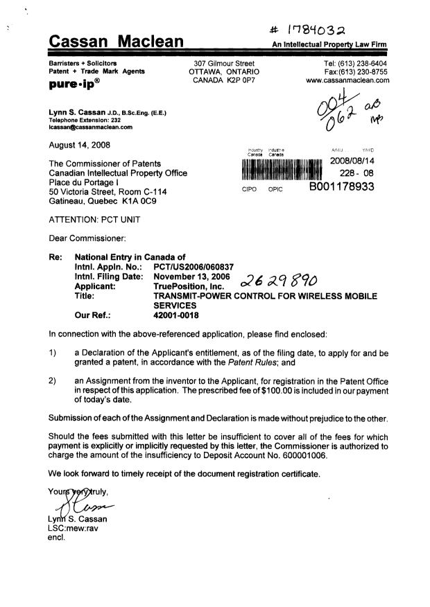 Document de brevet canadien 2629890. Cession 20080814. Image 1 de 4