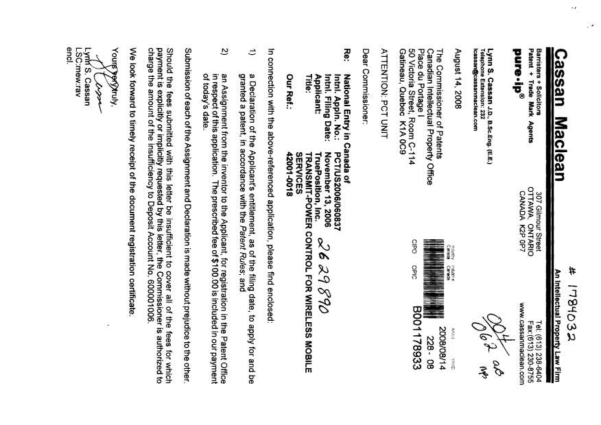 Canadian Patent Document 2629890. Assignment 20080814. Image 1 of 4
