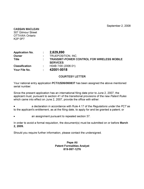 Document de brevet canadien 2629890. Correspondance 20080827. Image 1 de 1