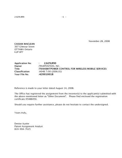 Document de brevet canadien 2629890. Correspondance 20081128. Image 1 de 1
