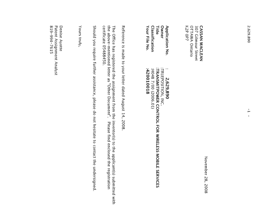 Canadian Patent Document 2629890. Correspondence 20081128. Image 1 of 1