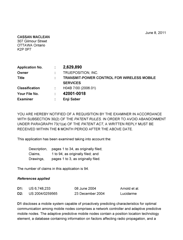 Canadian Patent Document 2629890. Prosecution-Amendment 20110608. Image 1 of 3