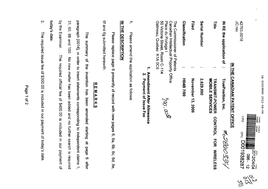 Canadian Patent Document 2629890. Correspondence 20120404. Image 1 of 2