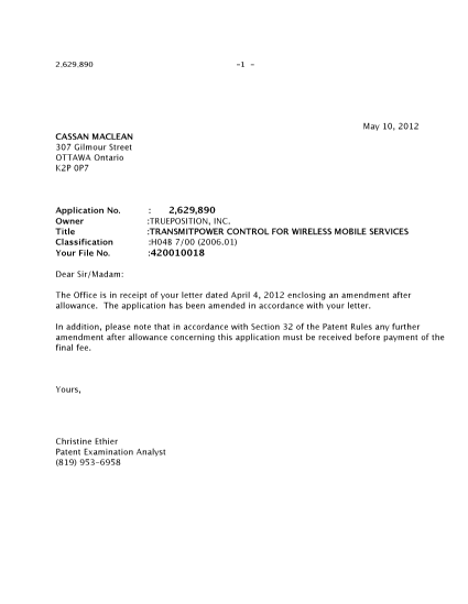 Document de brevet canadien 2629890. Correspondance 20120510. Image 1 de 1
