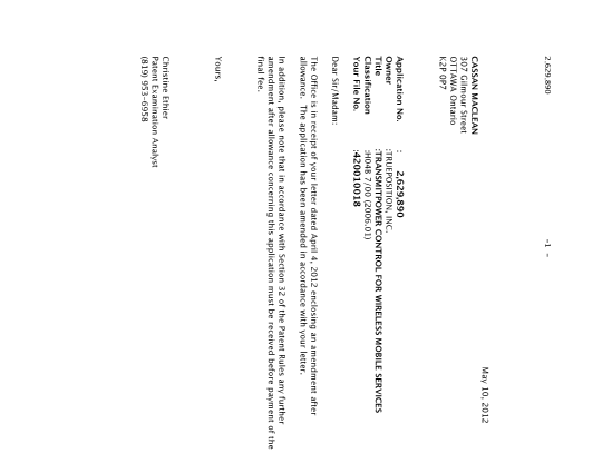 Canadian Patent Document 2629890. Correspondence 20120510. Image 1 of 1