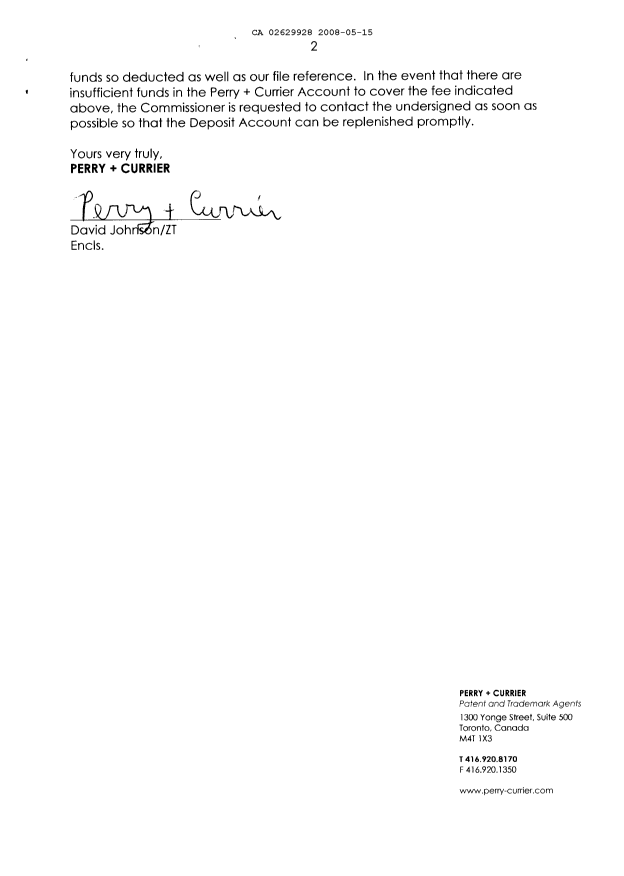 Document de brevet canadien 2629928. Cession 20080515. Image 2 de 4