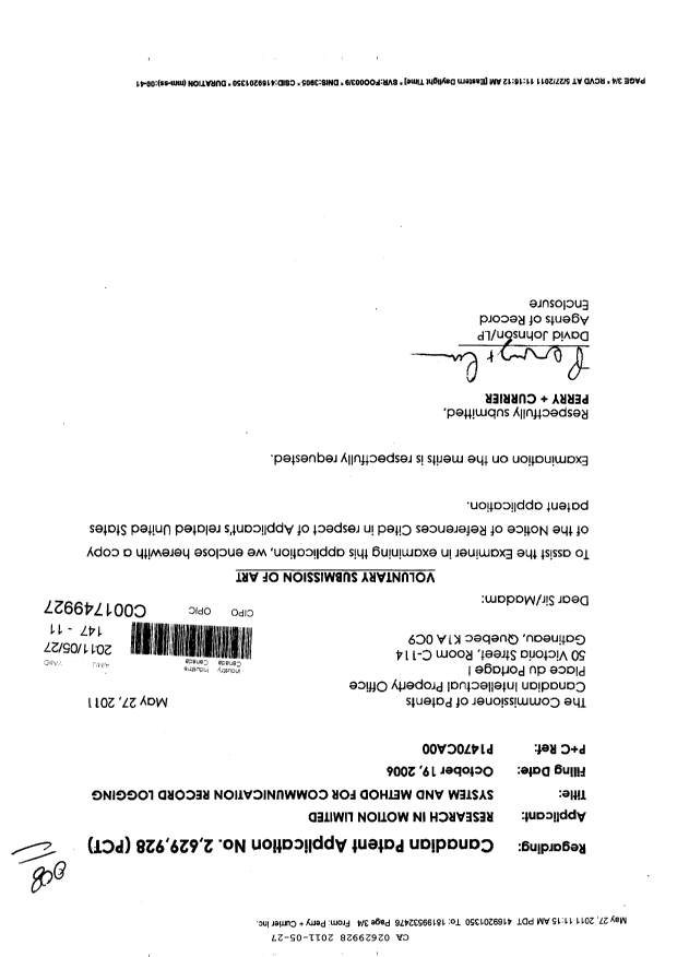 Canadian Patent Document 2629928. Prosecution-Amendment 20110527. Image 1 of 1