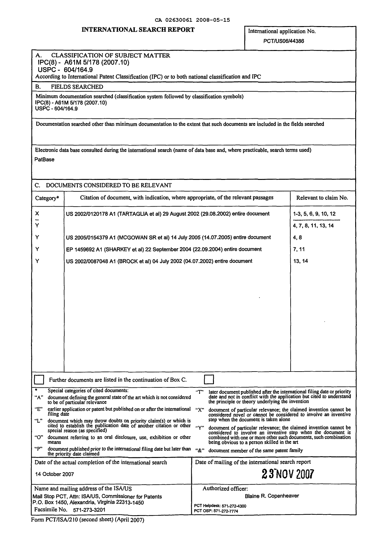 Document de brevet canadien 2630061. PCT 20080515. Image 1 de 2