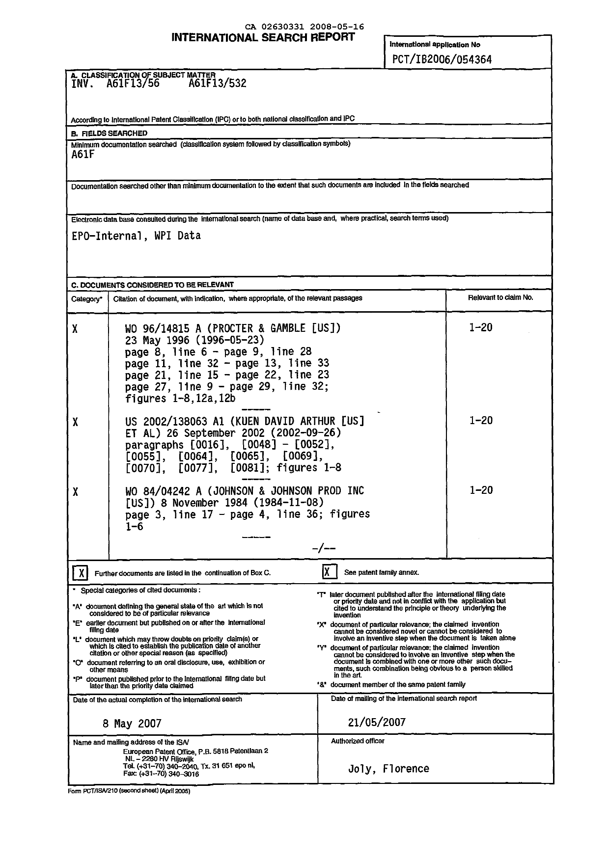 Document de brevet canadien 2630331. PCT 20071216. Image 1 de 4