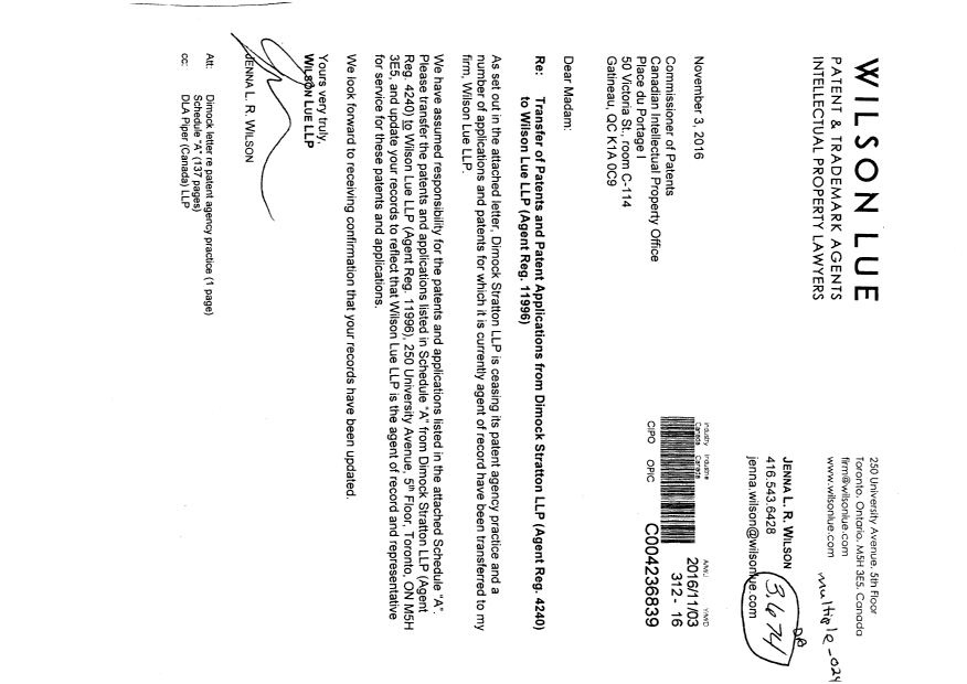 Document de brevet canadien 2630331. Correspondance 20151203. Image 1 de 3