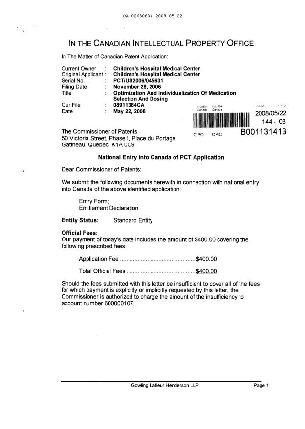 Document de brevet canadien 2630604. Cession 20080522. Image 1 de 6