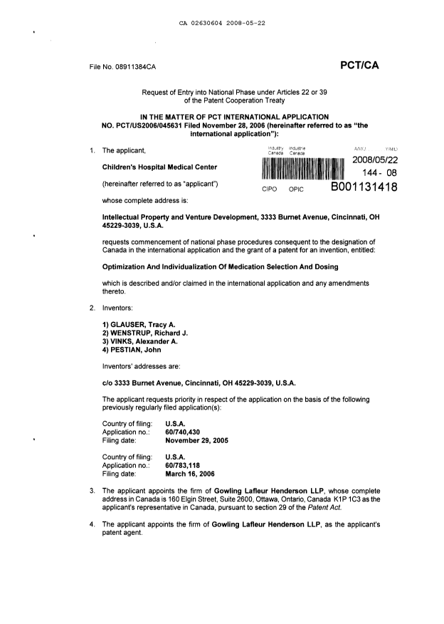 Canadian Patent Document 2630604. Assignment 20080522. Image 3 of 6
