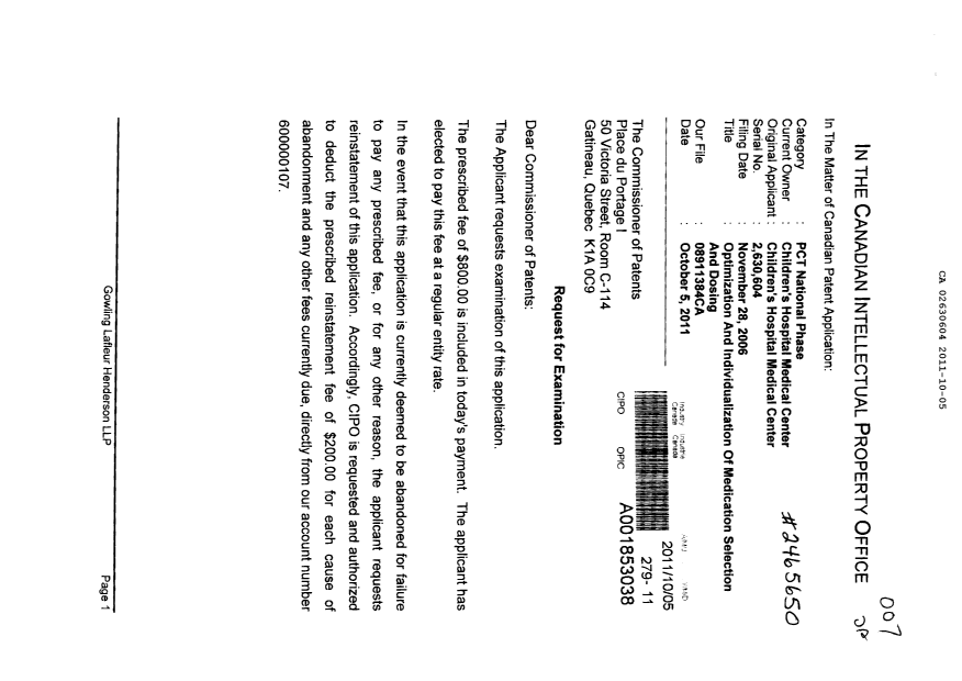 Document de brevet canadien 2630604. Poursuite-Amendment 20111005. Image 1 de 2