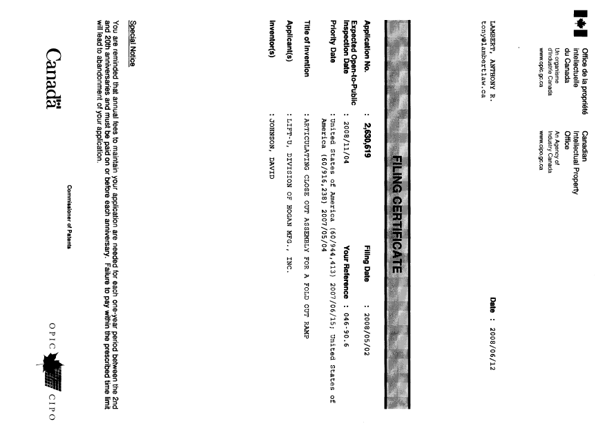 Document de brevet canadien 2630619. Correspondance 20080612. Image 1 de 1