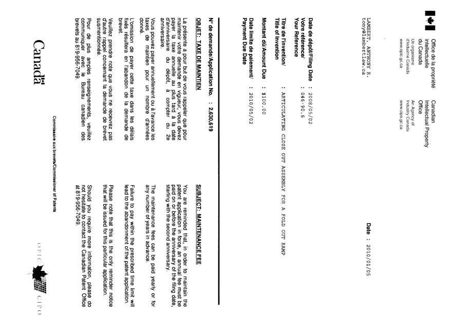 Canadian Patent Document 2630619. Correspondence 20100105. Image 1 of 1