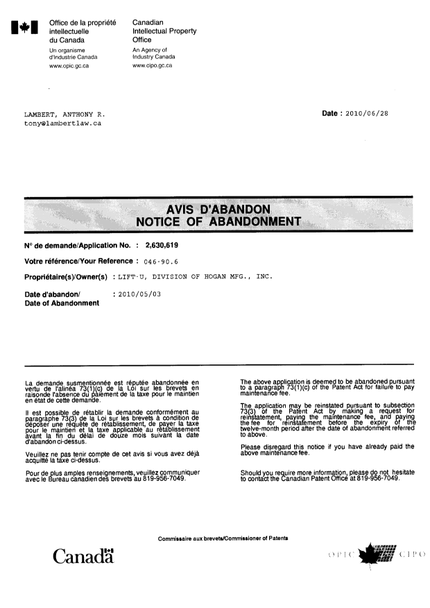Document de brevet canadien 2630619. Correspondance 20100628. Image 1 de 1