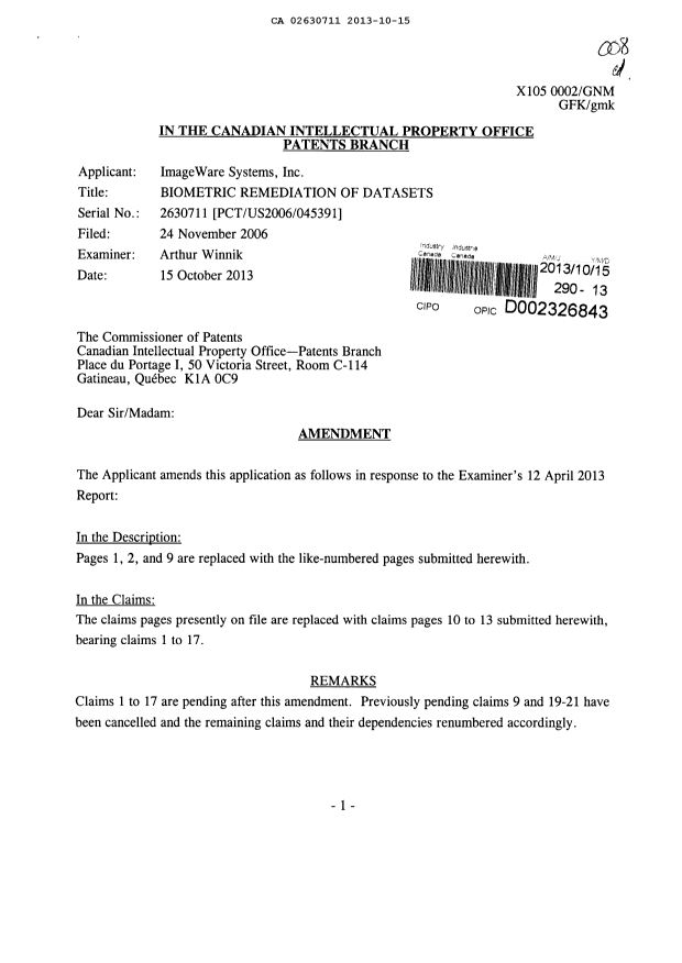 Document de brevet canadien 2630711. Poursuite-Amendment 20121215. Image 1 de 10