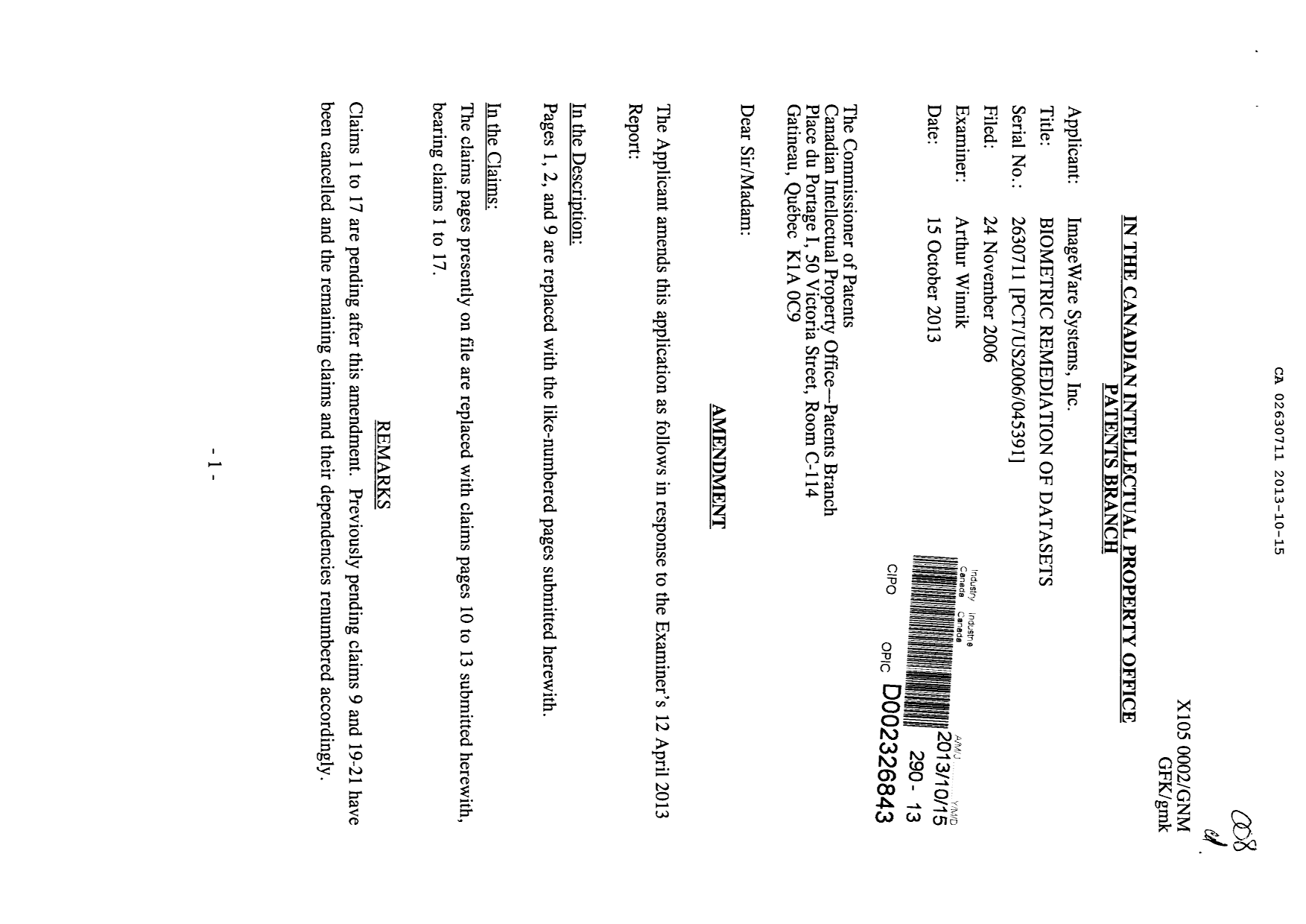 Canadian Patent Document 2630711. Prosecution-Amendment 20121215. Image 1 of 10