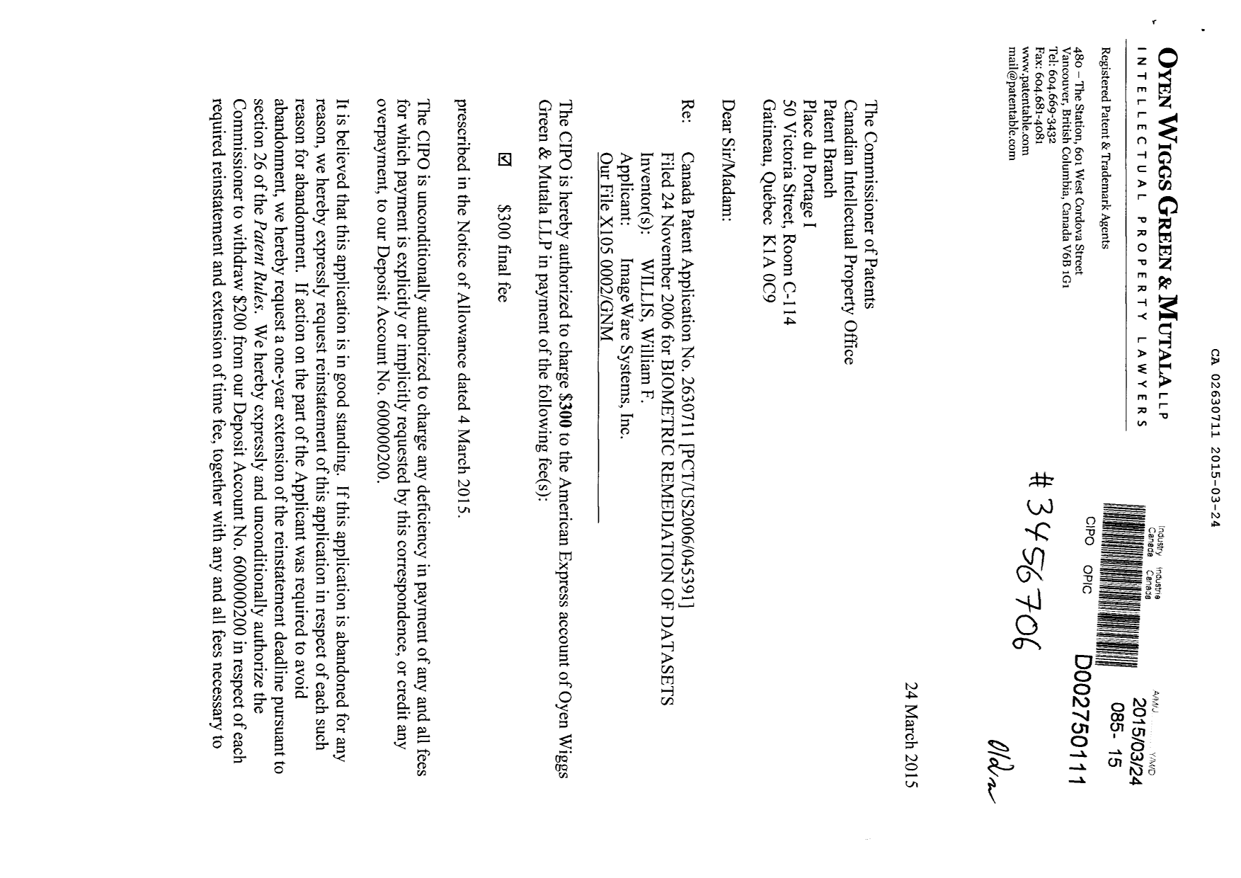 Document de brevet canadien 2630711. Correspondance 20150324. Image 1 de 2
