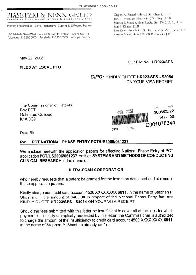Document de brevet canadien 2630925. Cession 20080522. Image 1 de 3