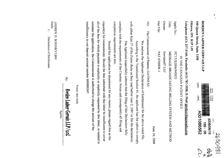 Document de brevet canadien 2630981. Correspondance 20071216. Image 1 de 2
