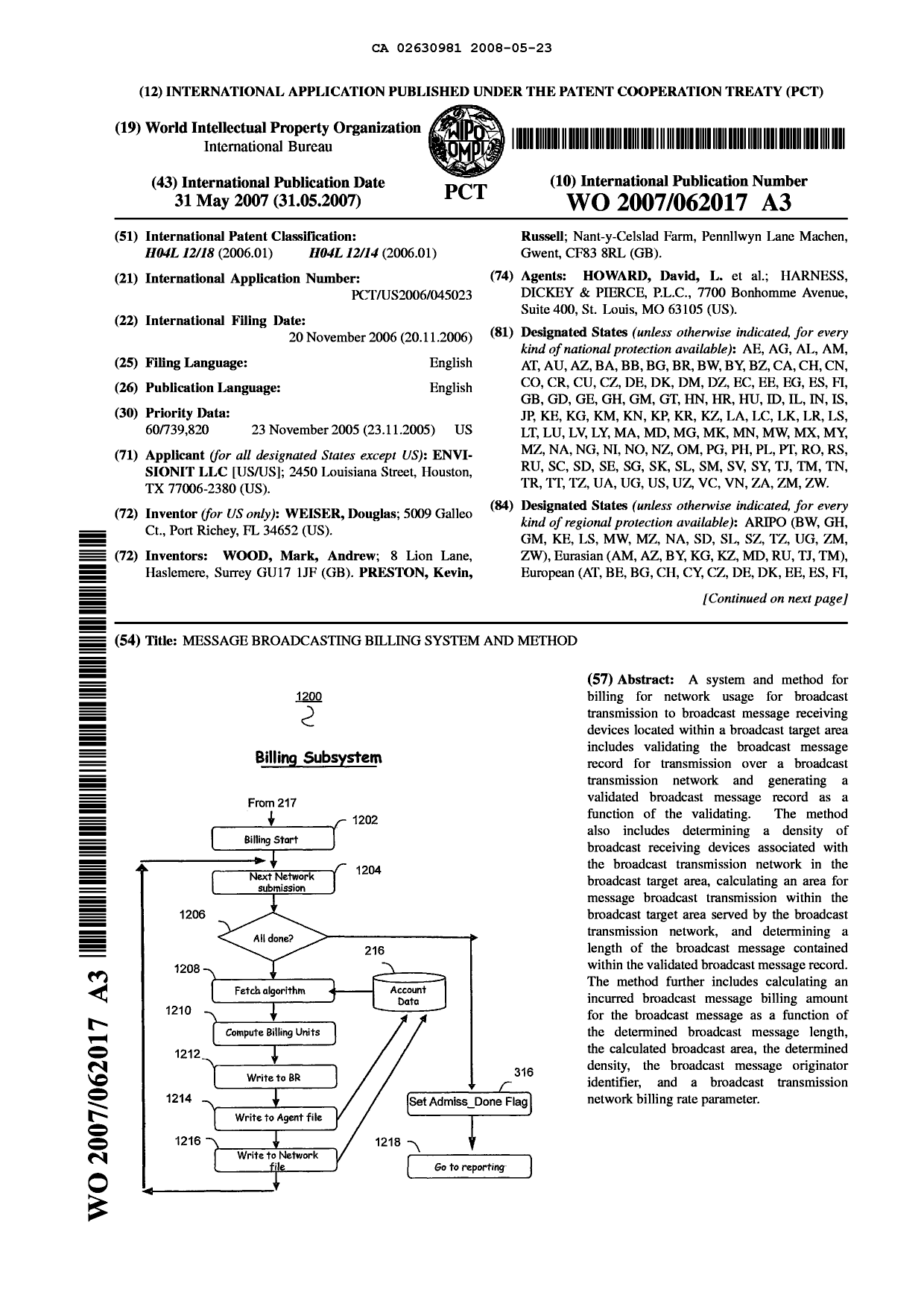 Document de brevet canadien 2630981. Abrégé 20071223. Image 1 de 2