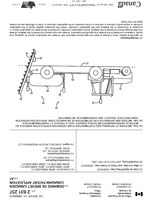 Canadian Patent Document 2631237. Cover Page 20090408. Image 1 of 1