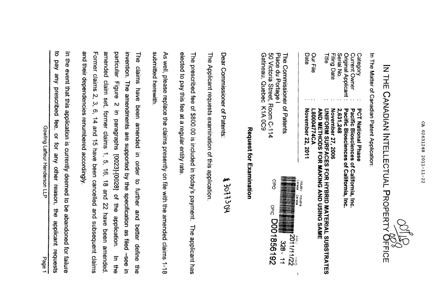 Canadian Patent Document 2631248. Prosecution-Amendment 20111122. Image 1 of 5