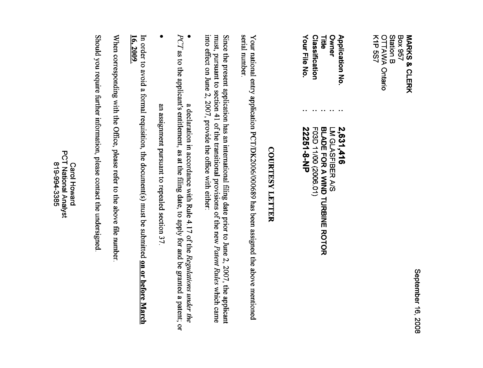 Document de brevet canadien 2631416. Correspondance 20071209. Image 1 de 1