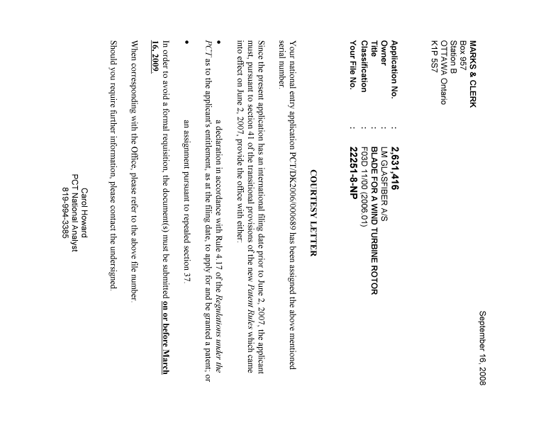 Document de brevet canadien 2631416. Correspondance 20080909. Image 1 de 1