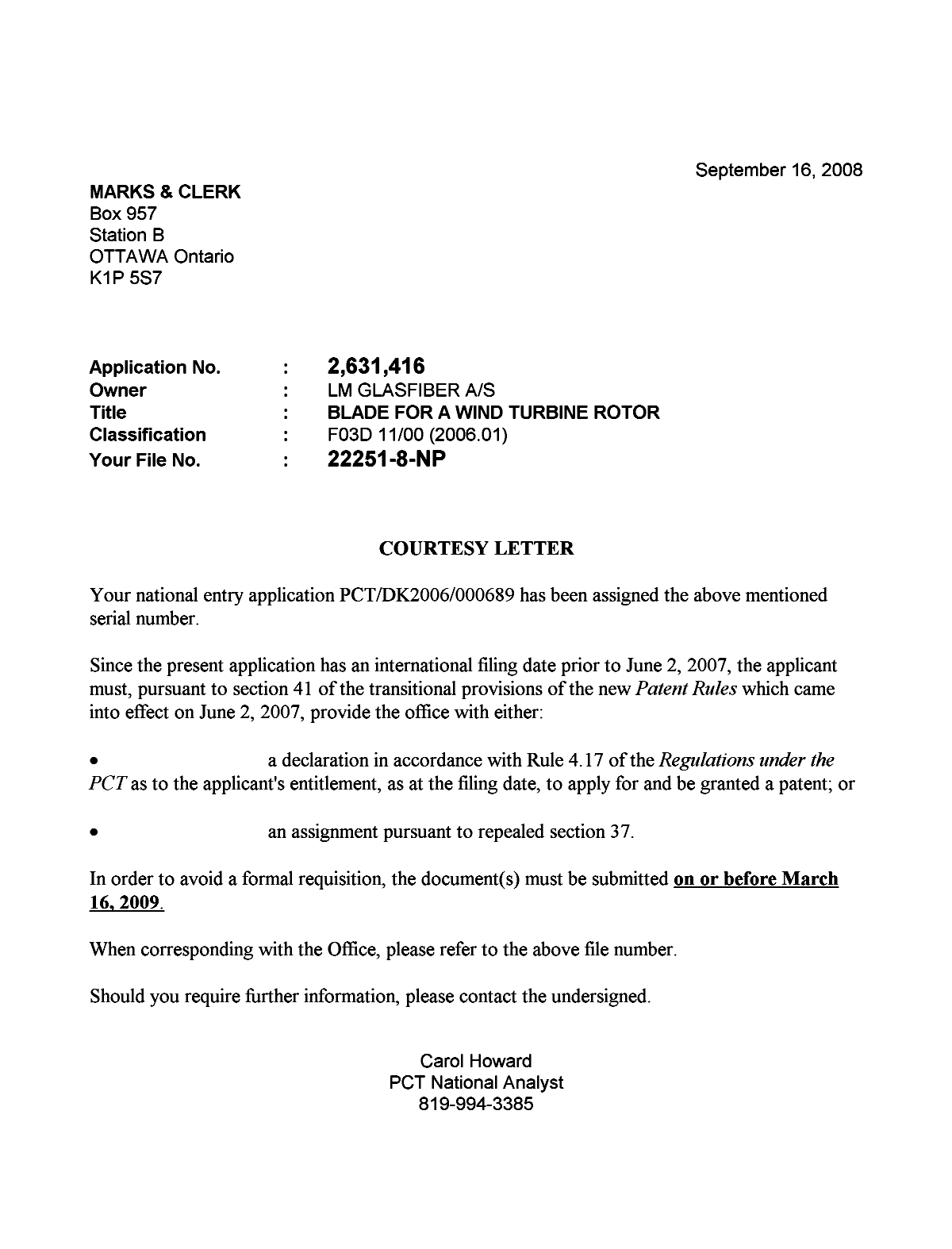 Canadian Patent Document 2631416. Correspondence 20080909. Image 1 of 1