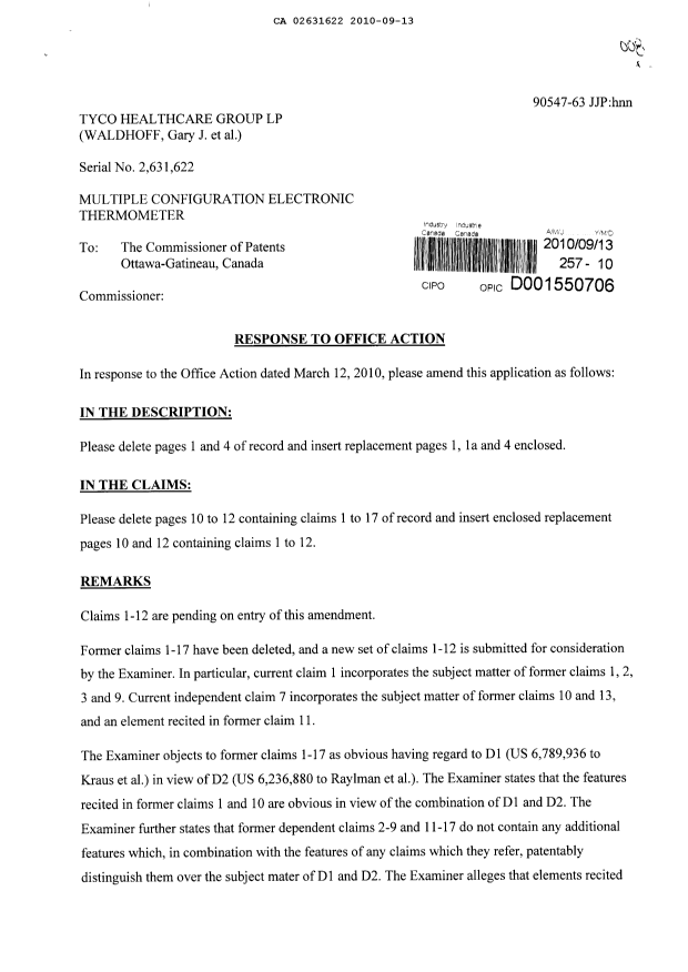 Canadian Patent Document 2631622. Prosecution-Amendment 20100913. Image 1 of 10