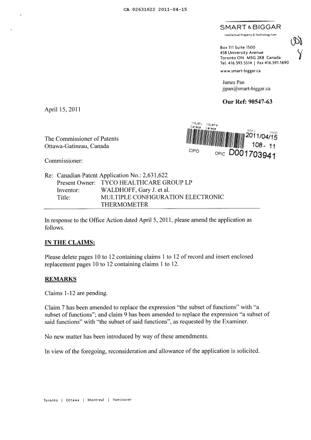 Document de brevet canadien 2631622. Poursuite-Amendment 20110415. Image 1 de 5