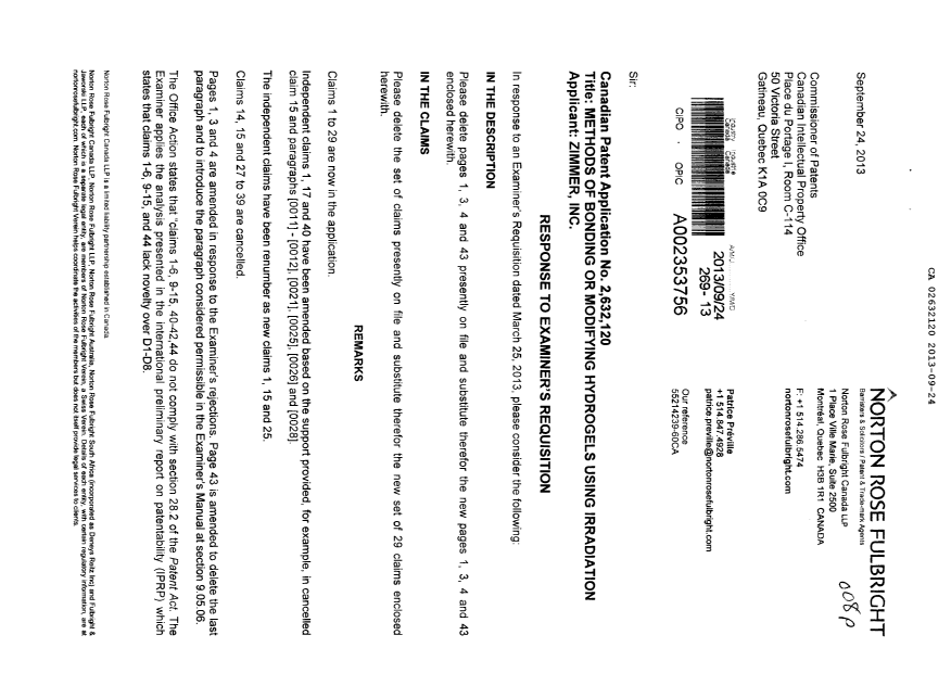 Canadian Patent Document 2632120. Prosecution-Amendment 20130924. Image 1 of 10