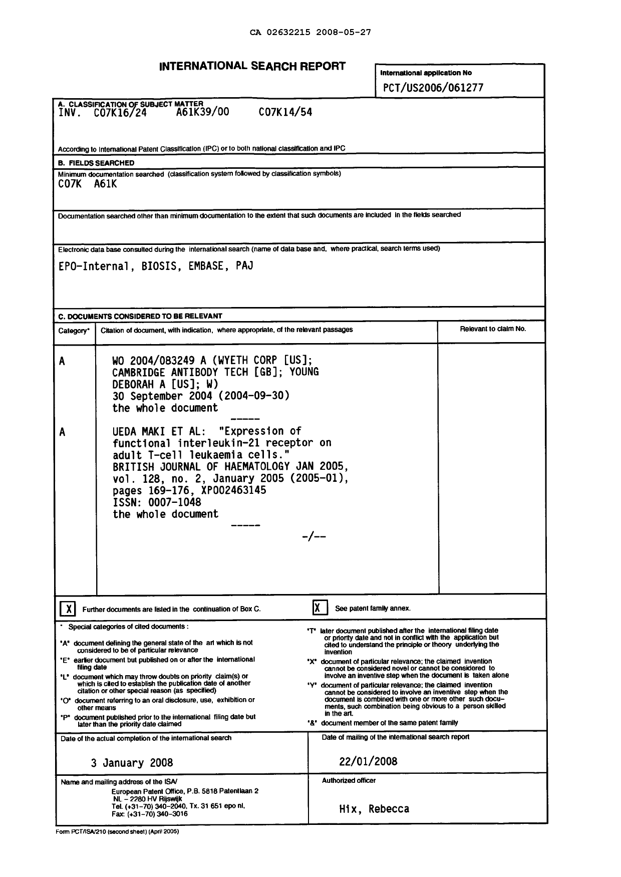 Document de brevet canadien 2632215. PCT 20071227. Image 1 de 8