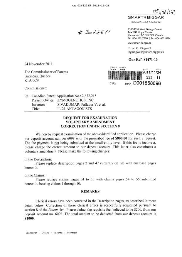 Canadian Patent Document 2632215. Correspondence 20111124. Image 1 of 3