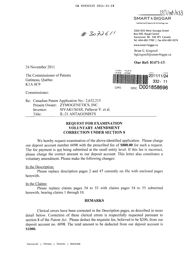 Canadian Patent Document 2632215. Prosecution-Amendment 20111124. Image 1 of 7