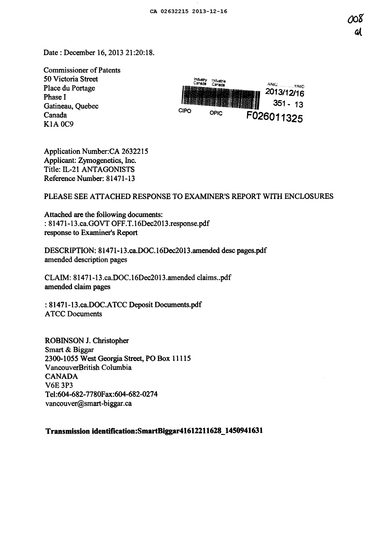 Document de brevet canadien 2632215. Poursuite-Amendment 20121216. Image 1 de 26