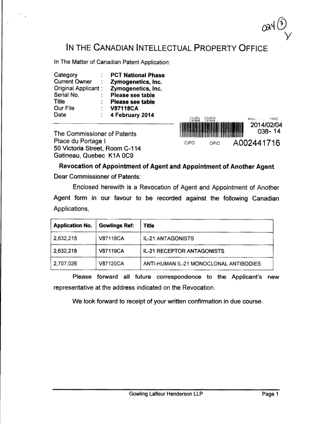 Canadian Patent Document 2632215. Correspondence 20140204. Image 1 of 4