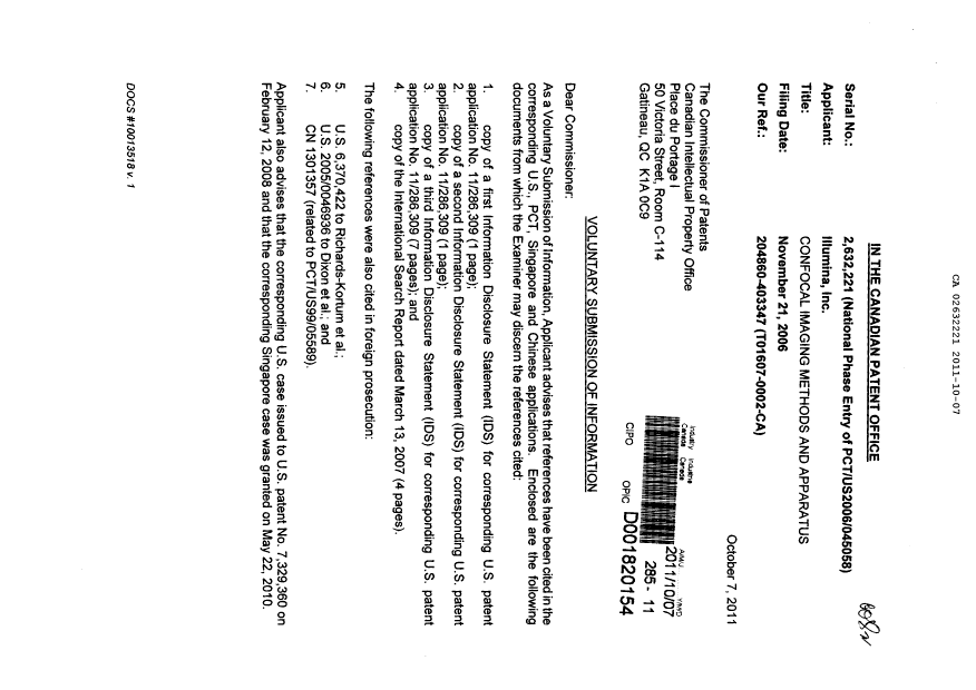 Document de brevet canadien 2632221. Poursuite-Amendment 20111007. Image 1 de 2