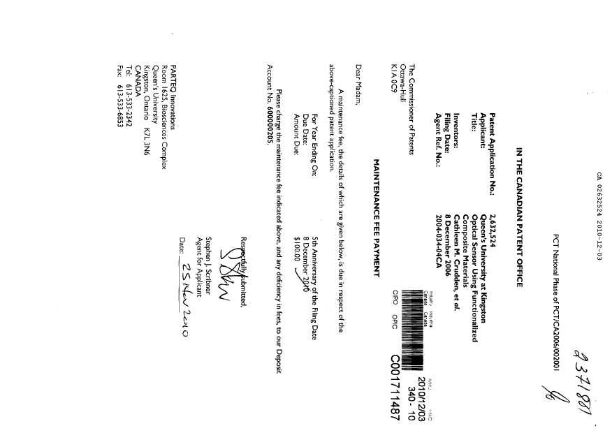 Document de brevet canadien 2632524. Taxes 20101203. Image 1 de 1