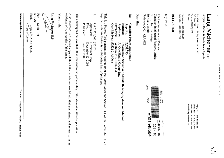 Canadian Patent Document 2632793. Prosecution-Amendment 20100719. Image 1 of 13