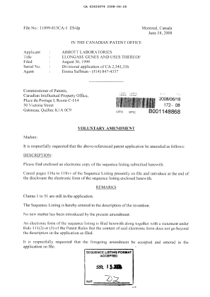 Document de brevet canadien 2633074. Poursuite-Amendment 20080618. Image 1 de 3
