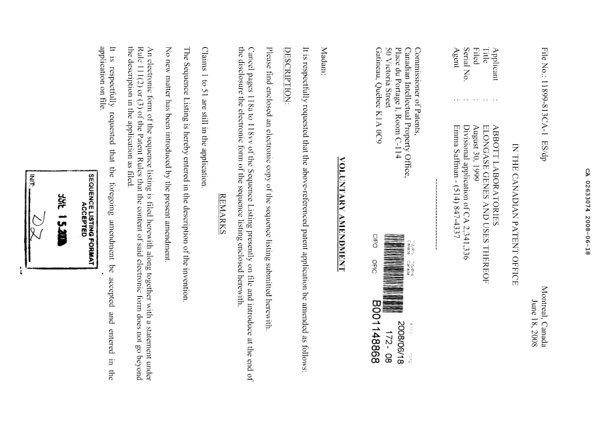 Document de brevet canadien 2633074. Poursuite-Amendment 20080618. Image 1 de 3