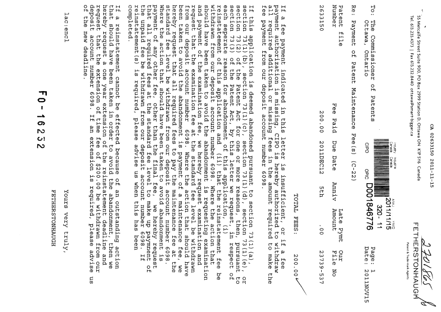 Document de brevet canadien 2633150. Taxes 20111115. Image 1 de 1