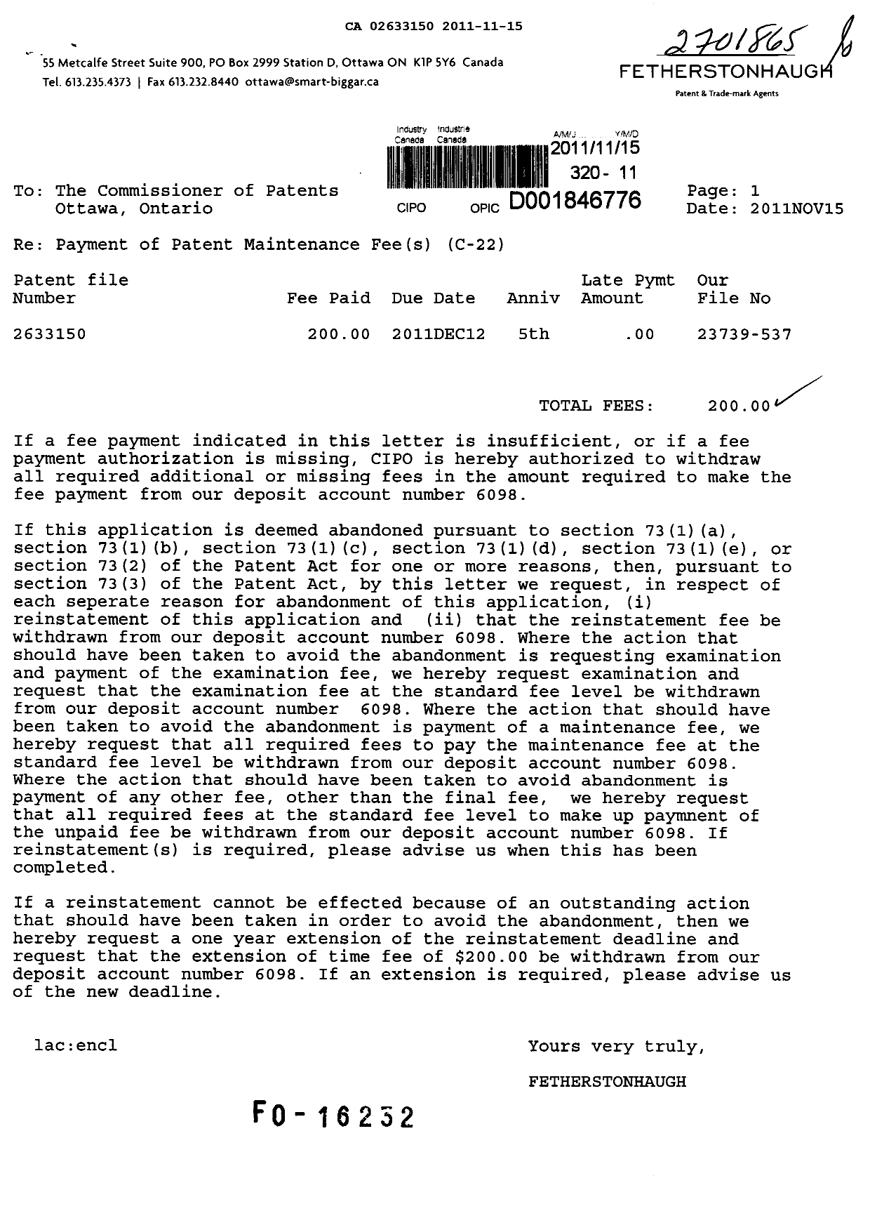 Document de brevet canadien 2633150. Taxes 20111115. Image 1 de 1