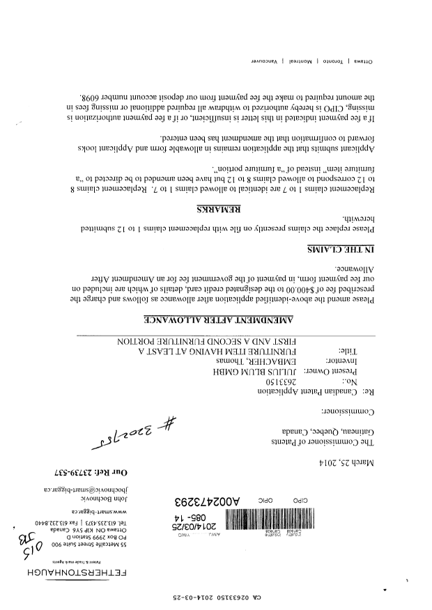 Canadian Patent Document 2633150. Prosecution-Amendment 20140325. Image 1 of 4