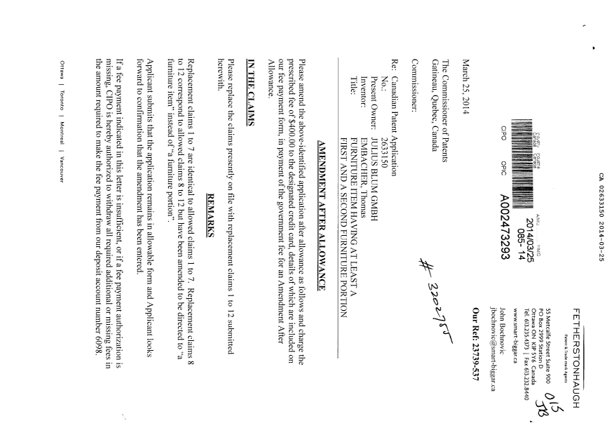 Document de brevet canadien 2633150. Poursuite-Amendment 20140325. Image 1 de 4