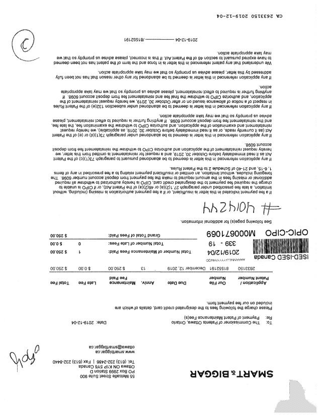 Canadian Patent Document 2633150. Maintenance Fee Payment 20191204. Image 1 of 2