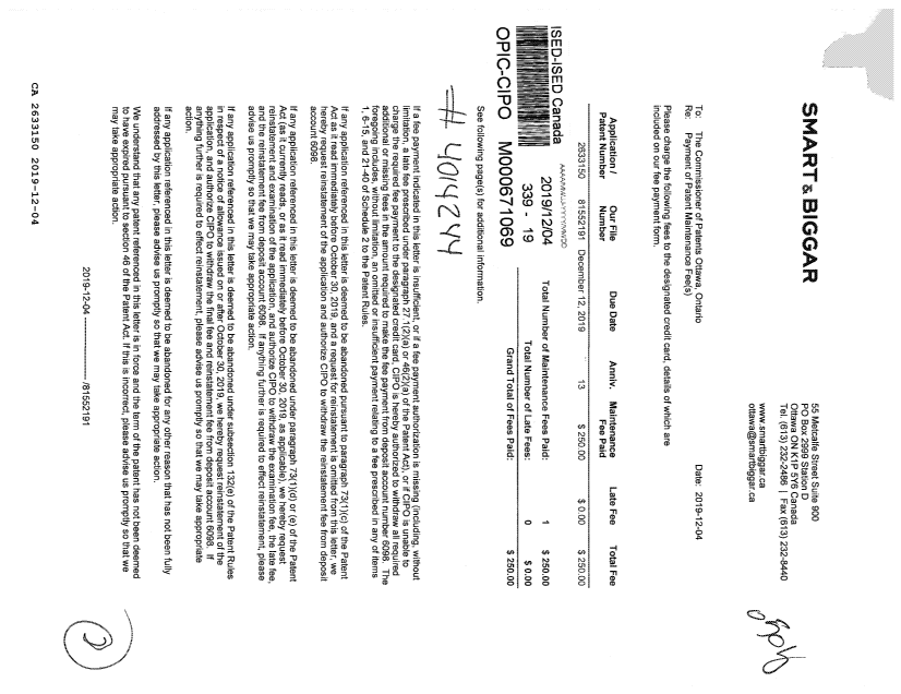 Document de brevet canadien 2633150. Paiement de taxe périodique 20191204. Image 1 de 2